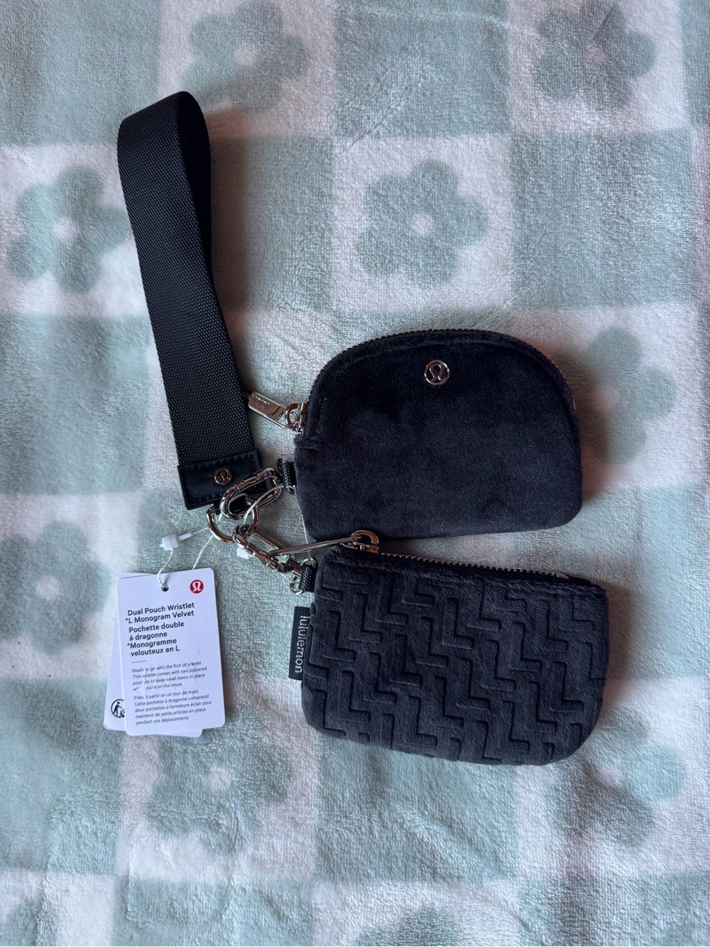 Lululemon athletica Black Velvet Dual Pouch Wristlet with Silver Hardware